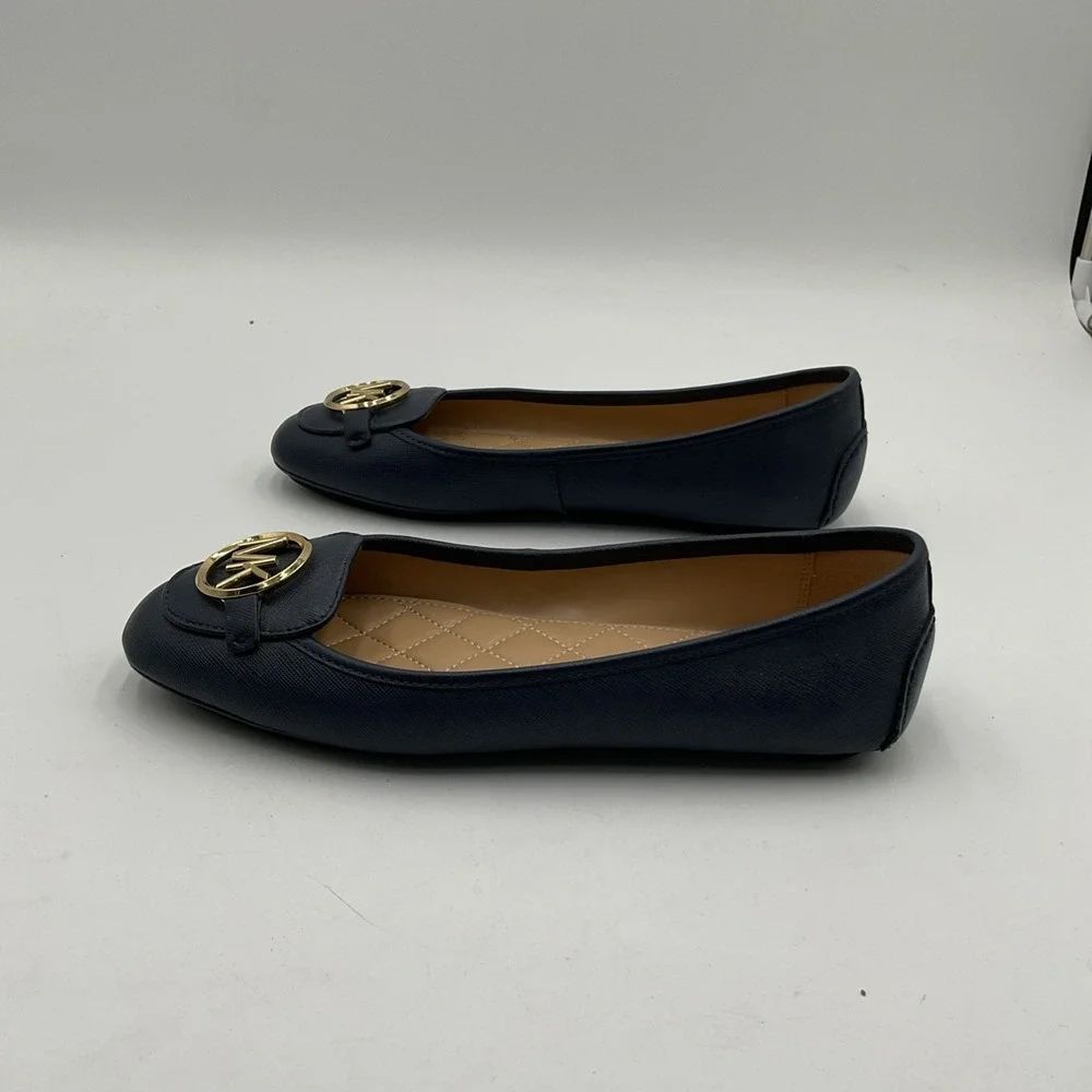 Michael Kors Navy Blue Leather Slip On Flats Logo Medallion Women's Size 8.5
